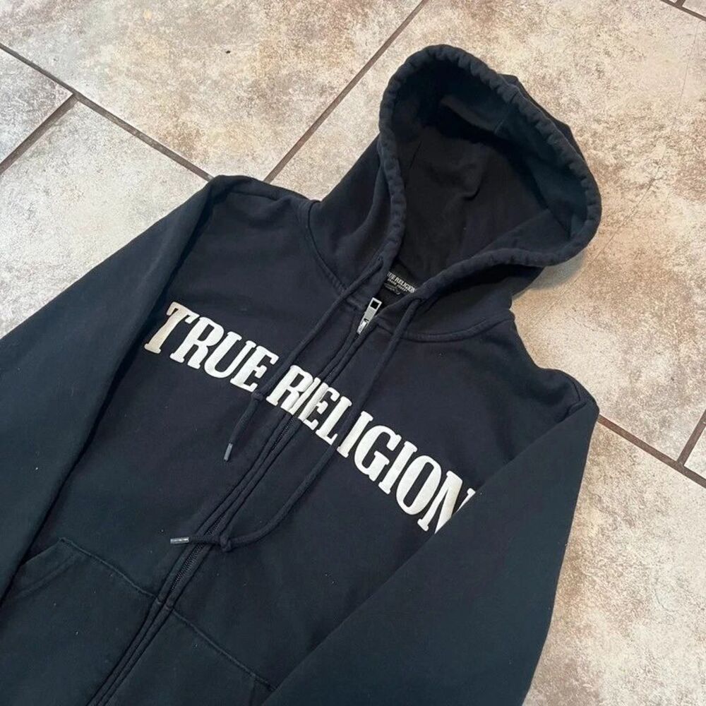 True Religion Full Zip Hoodie Black White Buddha Horseshoe Graphic Size XS